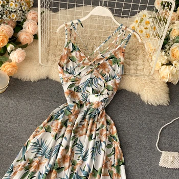 Boho 2021 v kaklo gėlių spausdinti Maxi ilga Suknelė vasarai spageti dirželis Šalies backless criss cross atsitiktinis Moterų paplūdimio elegantiška Suknelė