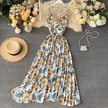 Boho 2021 v kaklo gėlių spausdinti Maxi ilga Suknelė vasarai spageti dirželis Šalies backless criss cross atsitiktinis Moterų paplūdimio elegantiška Suknelė