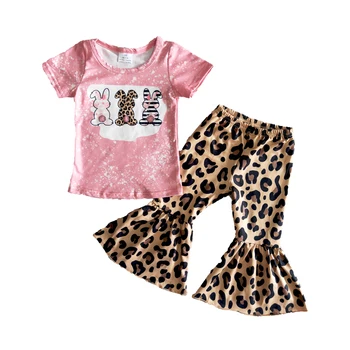Didmeninė Aukštos Kokybės Velykų Dieną Drabužių Rinkinį Mergaitei, Rožinės Spalvos Marškiniai Ir Leopardas Bell Kelnės Vaikams Mielas Triušiai Komplektai