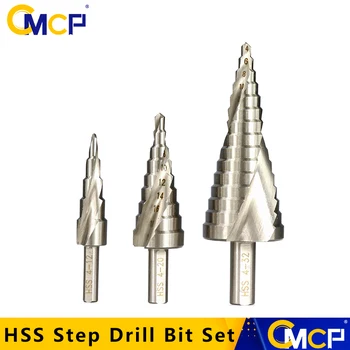 CMCP HSS Žingsnis Grąžtas Set 4-12mm 4-20mm 4-32mm Pagoda Grąžtas HSS elektrinių Įrankių Spiralės Išdrožomis Metalo, Plieno Žingsnis Grąžtas