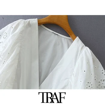 TRAF Moterų Saldus Mados Tuščiaviduriai Iš Siuvinėjimo Apkarpytos Palaidinės Derliaus Susiėmę Lankas Susieta Moterų Marškiniai Blusas Prašmatnus Viršūnės