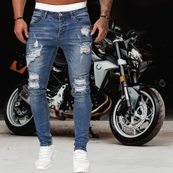 Džinsai Vyrams Kankina Liesas Džinsus, Mėlyną Pieštuką Kelnes Motociklo Šalies Atsitiktinis Kelnės Street Drabužių 2020 Džinsinio Vyras Clothin