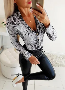 Moterų OLIS Leopardas Spausdinti Giliai V-kaklo, ilgomis Rankovėmis Marškinėliai, Palaidinės, Topai Clubwear Slim Fit Mygtuką Palaidinė Bodycon Marškinėliai Outwear Naujas