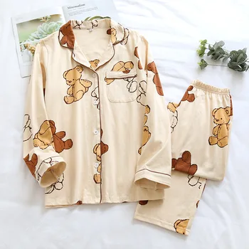 Japonijos naujuoju stiliumi rudenį ir žiemą, megztos medvilnės ponios pižama tiktų pavasarį ir rudenį ilgomis rankovėmis mielas lokys namų paslauga