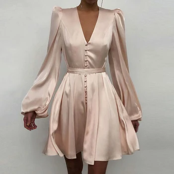 2021 M. Pavasarį Seksualus Gilus V-Kaklas, Panele Šalis Suknelė Elegantiškas Ilgas Žibintų Rankovės Šilko Satino Suknelė Moterims Rudenį Mygtuką-Line Mini Suknelė