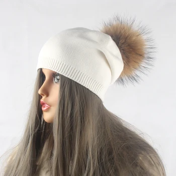 Moterų žiemos vilnos megztos kepurės pompom kepuraitė natūralios lapės kailio pomponai skrybėlę vientisos spalvos priežastinis skrybėlę bžūp