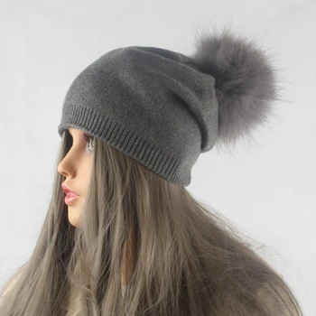 Moterų žiemos vilnos megztos kepurės pompom kepuraitė natūralios lapės kailio pomponai skrybėlę vientisos spalvos priežastinis skrybėlę bžūp