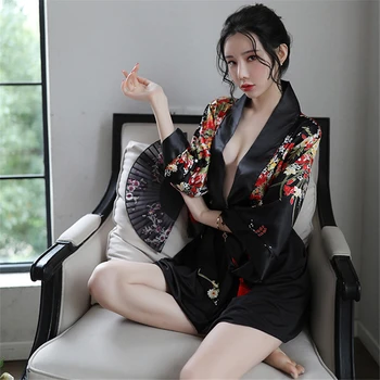 2VNT Japonijos Gėlių Spausdinti Kimono Seksuali Suknelė Moterims Tussel naktiniai marškiniai, pižamos, apatinis Trikotažas Yukata Skraiste Kostiumai V-Kaklo Megztinis Sleepwear