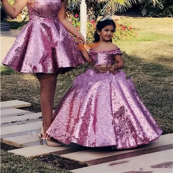 Violetinė Blizgučiais Glitz Inscenizacija Suknelės Mergaitėms Princesė Off Peties Gėlių Mergaičių Suknelės Korsetas Atgal, Vaikų, Mergaičių Suknelės, Šaliai