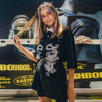 GOTH GIRL Harajuku Gatvėje T-shirt Moterims, Dragon Išsiuvinėti Trumpas Rankovės Prarasti Polo Marškinėliai Grunge Punk Atsitiktinis Juoda Viršuje Tees Femme