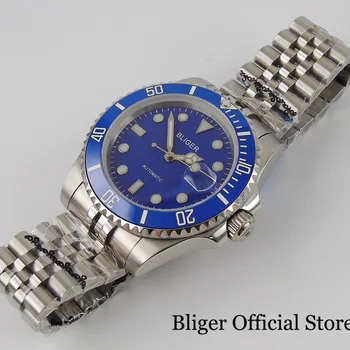 BLIGER Verslo Automatinis laikrodis MIYOTA 8215 Judėjimo Vyrų Laikrodis Blue Dial Safyro Stiklas Plieno Apyrankė