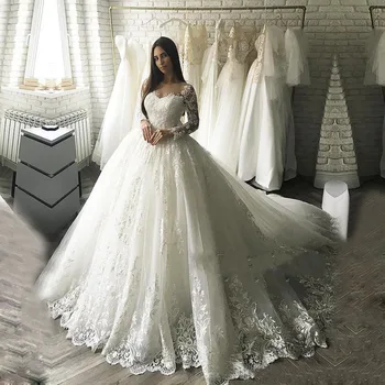 Chalatas De Mariee 2021 Dubajus Arabų Aso Ebi Nėriniai-Up Ilgomis Rankovėmis Vestuvių Suknelės Vien Tiulio Kaklo Kamuolys Suknelė Vestuvių Plius Dydis Naujas