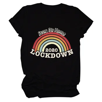 Likti Namuose 2020 LOCKDOWN Laiškas Spausdinti Plius Dydis Moterų Marškinėlius Mielas Vaivorykštė Graphic T shirt Ladies Vasaros Harjauku Derliaus Viršūnės