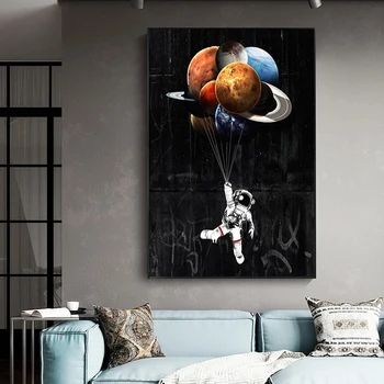 Modernus Ir Įdomus Meno Astronautas, Turintis Planetos Drobės Plakatas Ir Spausdinimo Kraštovaizdžio Sienos Menas Nuotraukas Kambarį