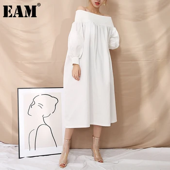 [EAM] Moterys, Balta Elastinga Ilgai didelio Dydžio, Suknelė Naują Velniop Kaklo, ilgomis Rankovėmis Palaidi Tinka Mados Banga Pavasario Rudens 2021 FM21501