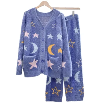 Upscale Žvaigždėtą Naktį Pižama Komplektas Super Minkšta Dirbtinė Mink aksomo Sleepwear Mezgimo Ponios naktiniai drabužiai Femme Išlaikyti Šiltas Homewear