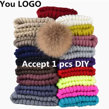 1Pcs Nemokamai Išspausdinti Savo Logotipą Individualų Lapės Kailio Kamuolys Bžūp Pompoms Žiemos Kepuraitė Skrybėlės Bžūp Unisex Trikotažo Beanie Skrybėlės