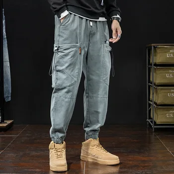 Mados Streetwear Vyrų Džinsai Aukštos Kokybės Palaidi Tinka Didelės Kišenės Krovinių Kelnės Vyrams Elastinga Juosmens Haremo Kelnės Hip-Hop Jogger Kelnės