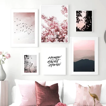 Pink Gėlių Cherry Blossom Dangaus Paukščių Citata Šiaurės Plakatai Ir Spausdina Sienos Meno Tapybos Drobės Sienos Nuotraukas Gyvenimo Kambario Dekoro