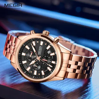 MEGIR vyriški Laikrodžiai 2020 Prabanga Top Brand Laikrodis Vyrams, rožinė Aukso, Nerūdijančio Plieno Dirželis Chronograph Kvarcas Žiūrėti Vandeniui