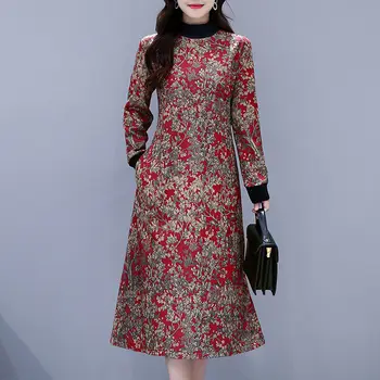 Derliaus Spausdinami O-Kaklo Plius Aksomo Suknelės Moterims, Žiemos Tirštėti Retro Modelis ilgomis Rankovėmis Suknelės, Plius Dydis 4XL Maxi Suknelė 2020 m.