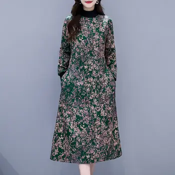 Derliaus Spausdinami O-Kaklo Plius Aksomo Suknelės Moterims, Žiemos Tirštėti Retro Modelis ilgomis Rankovėmis Suknelės, Plius Dydis 4XL Maxi Suknelė 2020 m.