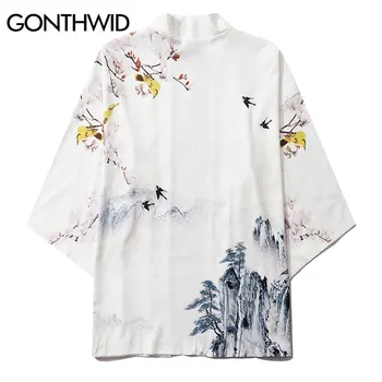 GONTHWID Peizažas Paukščių, Gėlių Spausdinti Japonų Kimono Megztinis Marškinėliai Striukės Streetwear Mens Atsitiktinis Atidaryti Priekiniai Paltai