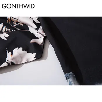 GONTHWID Peizažas Paukščių, Gėlių Spausdinti Japonų Kimono Megztinis Marškinėliai Striukės Streetwear Mens Atsitiktinis Atidaryti Priekiniai Paltai