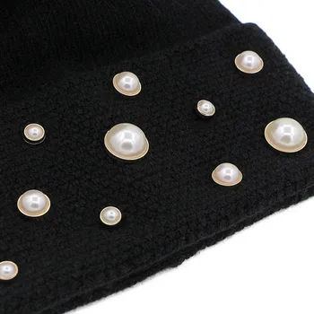 Aukštos Kokybės Moterų Perlai Megzti Beanies Kepurės Su tikro Kailio Pompom Žiemą, Rudenį, Minkštas Šiltas Vilnos Skullies Skrybėlės, Merginos, ponios skrybėlę
