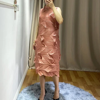 Miyake Klostes vasaros suknelė moterų 2020 m. bendras Didelės apykaklės prarasti didelio dydžio deimantų plisuotos rankovių-line suknelė 1028