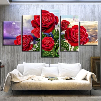 Nuotraukos su Rėmeliais HD Spausdinti Modernus Dekoro 5 Skydelis Gražus Raudonos Rožės, Gėlės Namuose Gyvenimo Kambario Sienos Meno Tapybos Modulinės Drobė