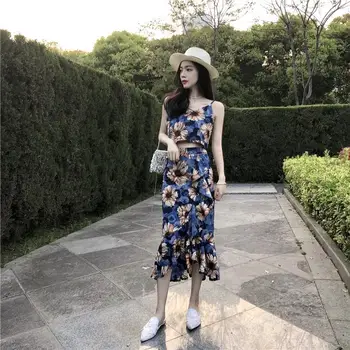 Mazefeng Naujas Moterų 2020 Gėlių Spausdinti Spageti Dirželis Derliaus Ponios Atsitiktinis Pynimas Sijonas Elegantiškas Vidurio Blauzdos Sijonas Korėjos Drabužių