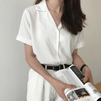 2020 metų vasaros palaidinė moterų mados trumpomis rankovėmis V-kaklo, atsitiktinis biuro moteriški balti marškinėliai, topai
