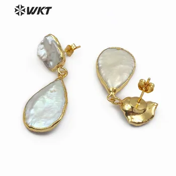 WT-E489 Gamtos Gėlavandenis Perlas Ašaros Formos Auskarai Balta Perlų Papuošalai Su Aukso Electroplated Nuotakos Pearl Drop Auskarai
