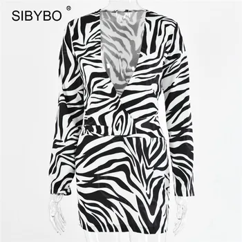 Sibybo Zebras Spausdinti Seksualus Tvarstis Marškinėliai Suknelė Rudenį ilgomis Rankovėmis Turn-žemyn Apykaklės Mini Suknelės Moterims Bodycon Šalies Vestidos 2020 m.