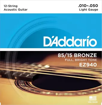 D'Addario EZ940 12-String 85/15 Great American Bronzos Šviesos Akustinės Gitaros Stygos 010-050