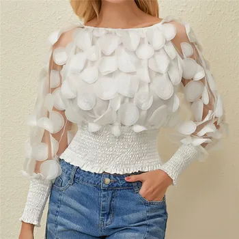 Seksuali Palaidinė 3D trimatis Žiedlapių Marškinėliai Moterims Slim Fit Long Sleeve Perspektyvos Ekrano Siūlai Viršų Mados vientisos Spalvos Viršūnes