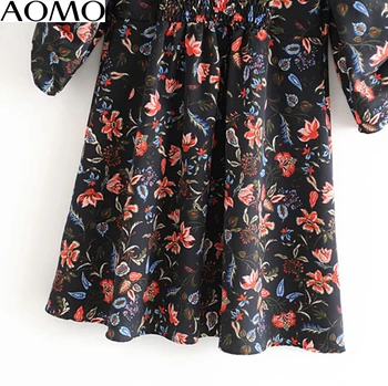 AOMO 2020 moterų mados gėlių spausdinti mini suknelė peter pan apykaklės sluoksniuotos ilgomis rankovėmis ponios derliaus trumpą suknelę vestidos 3H63A
