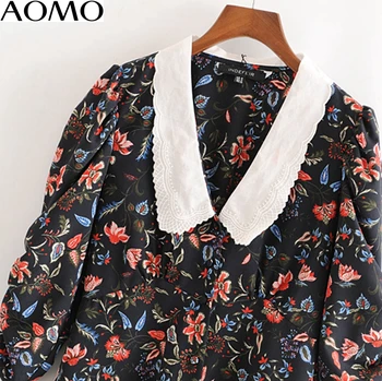 AOMO 2020 moterų mados gėlių spausdinti mini suknelė peter pan apykaklės sluoksniuotos ilgomis rankovėmis ponios derliaus trumpą suknelę vestidos 3H63A