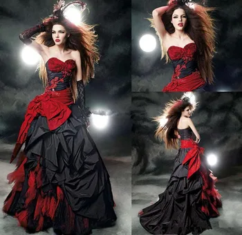 Derliaus Juoda Ir Raudona Gotikos Vestuvių Suknelės, Kuklus Brangioji Raukiniai Satino Nėrinių Nugaros Korsetas Viršuje Kamuolys Suknelė Vestuvių Suknelės