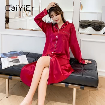 CAIYIER Tvirtą Raudona Šilko Naktį Suknelę Žiemos ilgomis Rankovėmis Moterims Sleepshirts Seksualus Prarasti Turn-žemyn Apykaklės Didelio Dydžio Homewear M-3XL