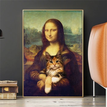 Mona Lisa Laikykite Katę, Juokinga Meno Apdailos Plakatai Ir Spausdina Gyvenimo Kambario Sienos Meno Da Vinci Garsaus Nuotraukas Ant Sienų Dekoras Drobė, Tapyba