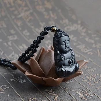Natūralus Juodas Obsidianas, Išraižytas Kūdikių Buda Pakabukas Su Amuletas Pasisekė, Granules, Grandinės Moteris Vyras Pakabukas Karoliai Populiarus Juvelyrikos