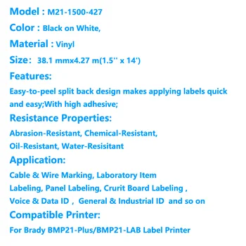 Bmp21 M21-1500-427 Etiketės Juosta Juoda Ant Balto vinilo plėvelė Suderinama BMP21 Plius ID PAL LABPAL Label Maker Laido etiketės