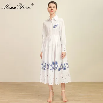 MoaaYina Mados Dizaineris suknelė Pavasarį, Rudenį Moterų Suknelė ilgomis rankovėmis Gėlių Siuvinėjimų Suknelės