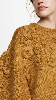 Rudenį ir žiemą naujas rankomis siuvinėti trimatis gėlių vilnonis megztinis moteriška žibintų rankovėmis temperamentas lady dugno marškinėliai striukė temperamentas megzti megztinis F231
