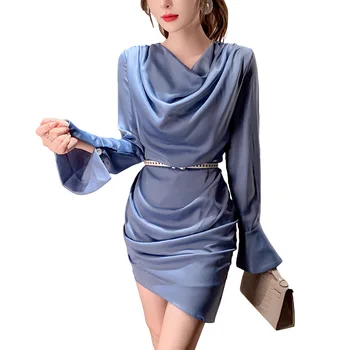 Pavasario Bodycon Asimetriškas Suknelės Blue Elegantiškas Visiškai Blyksnius Rankovės Puoštas su Diržo Suknelė Moterims Office Seksualus Šalies Ponia Vestidos