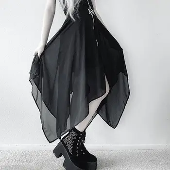 Gotikos Maxi Sijonas Moterims Vasaros 2019 Nesimetriškas Akies Juoda Streetwear Mados Pentagram Su Užtrauktuku Didelis Juosmens Goth Girl Ilgi Sijonai