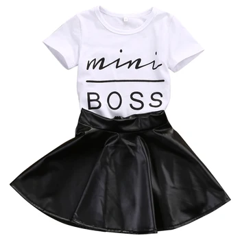 2020 Naujas Mados Bamblys Vaikai Mergina Drabužių Nustatyti Vasaros trumpomis Rankovėmis Mini Boss T-shirt Viršūnes + Odinis Sijonas 2VNT Aprangą Vaikų Kostiumas