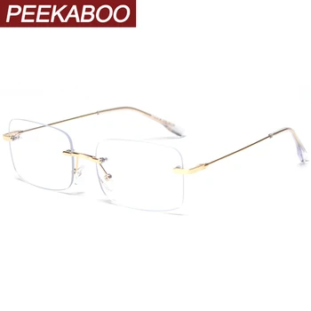 Peekaboo taškus stačiakampio formos akinius vyrams, metalo, aukso optiniai akinių rėmeliai moterų frameless, skaidraus lęšio aikštėje priedai